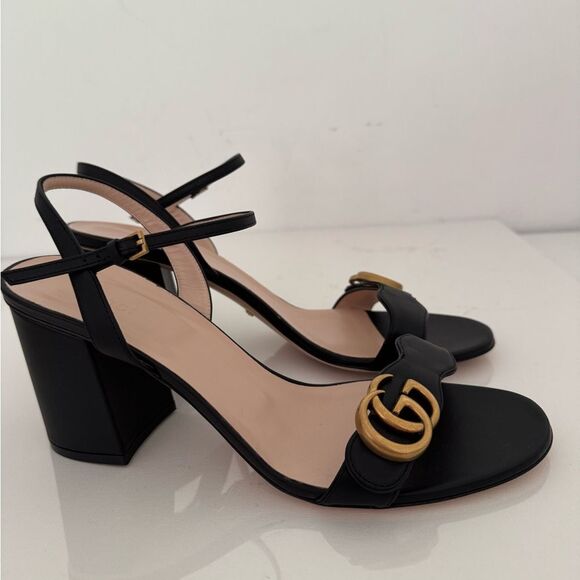 Gucci GG Marmont Black Leather Heel Sandals EU 40.5 US 10.5 Authentic - Picture 3 of 10